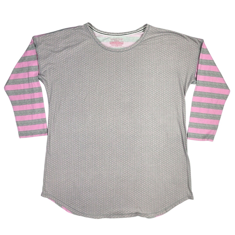 Victoria's Secret Sleep Shirt XL Pink Gray Polka Dot Striped Lounge Top